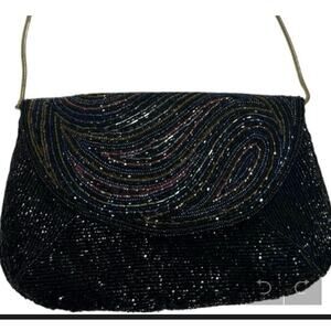 La Regale Vintage Black Beaded Shoulder Bag multicolor Pattern Crossbody Clutch